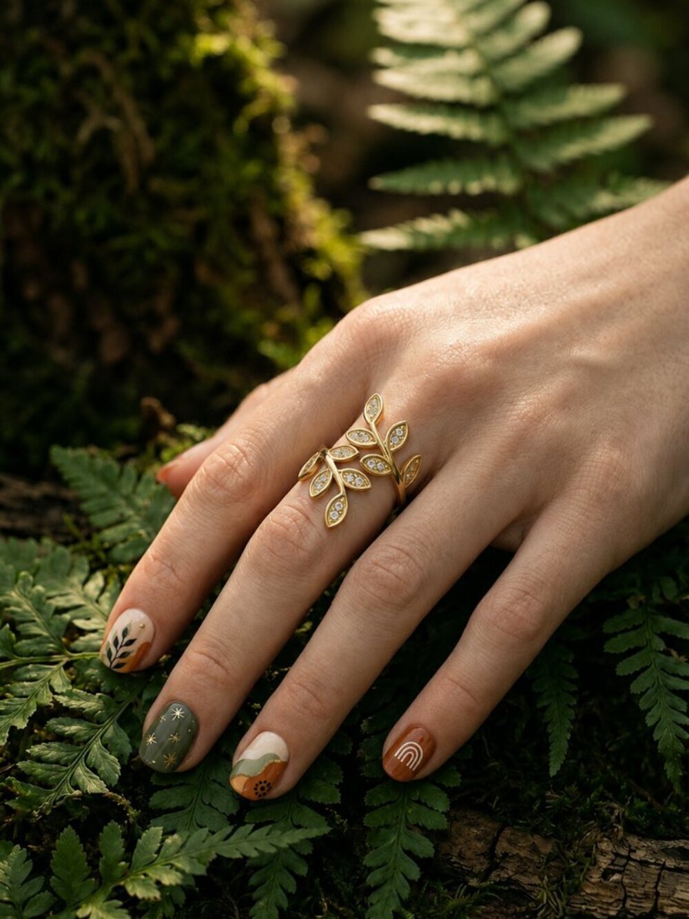 Cubic Zirconia Gold Leaf Vine Wrap Ring 18K Plated Adjustable Cottagecore 6-10